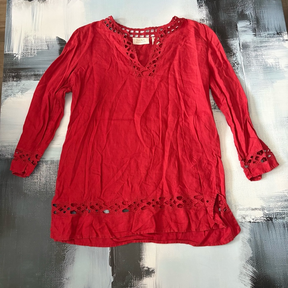 Dana Buchman 100% Linen Red Crochet Trim Blouse Top Size 8
